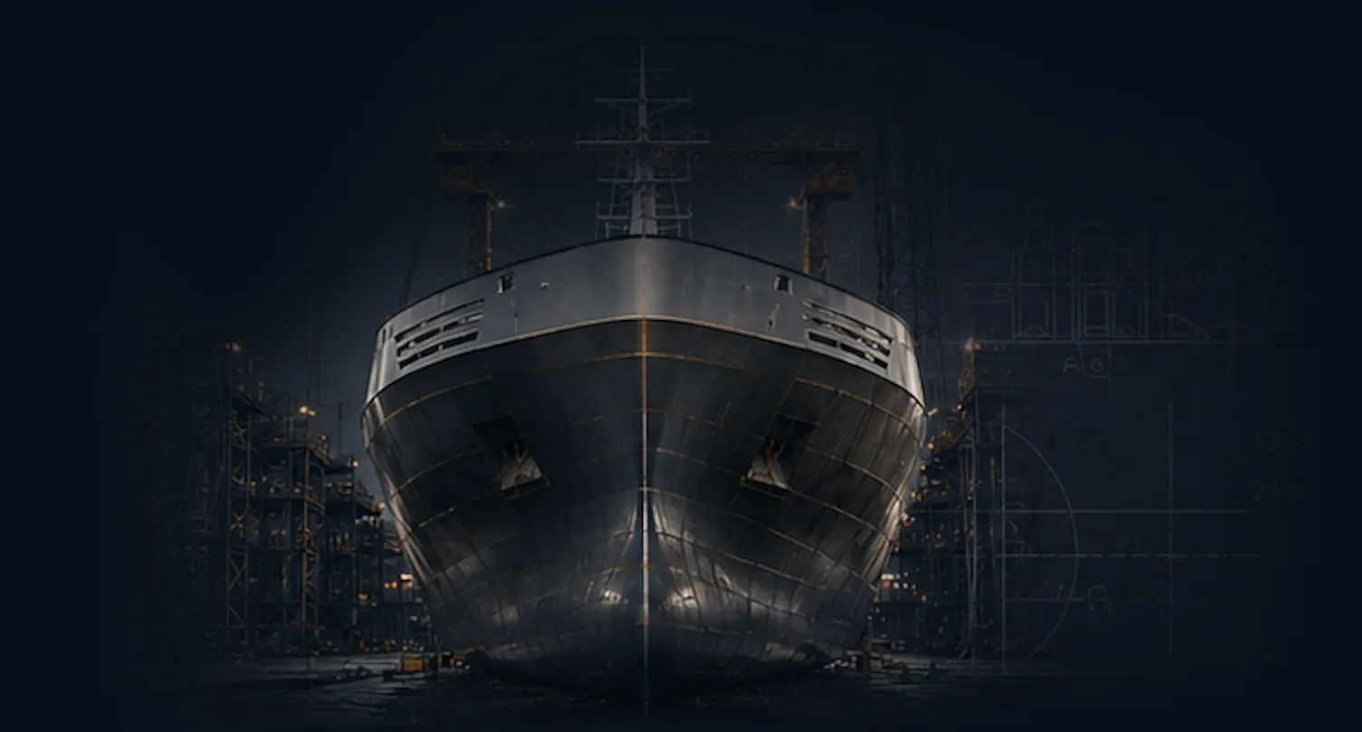 V-Shipping vessel engineering and shipbuilding authority V-Shipping vessel engineering and shipbuilding concept with vessel under construction and technical blueprint overlay