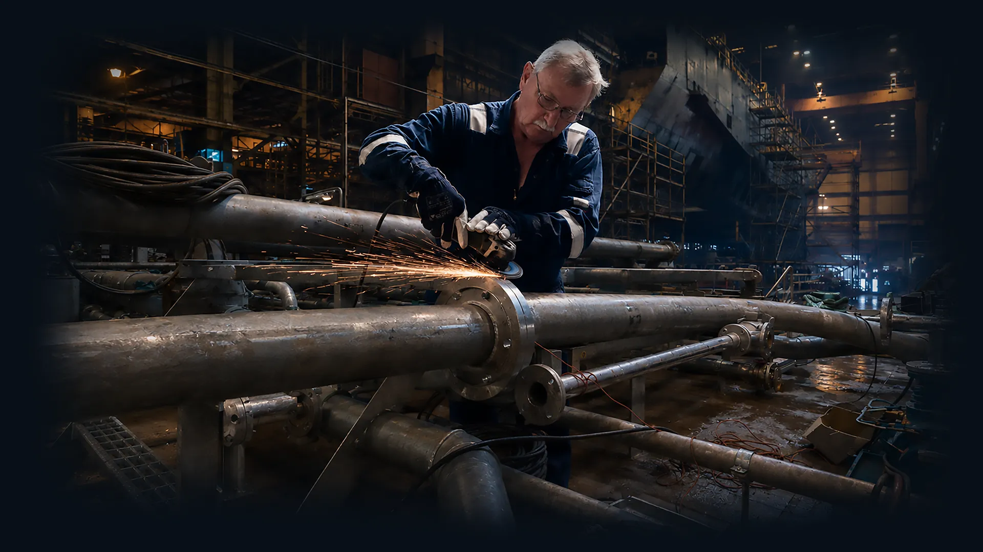 V-Shipping shipbuilding yard execution and outfitting Shipbuilding worker performing technical outfitting work in a shipyard