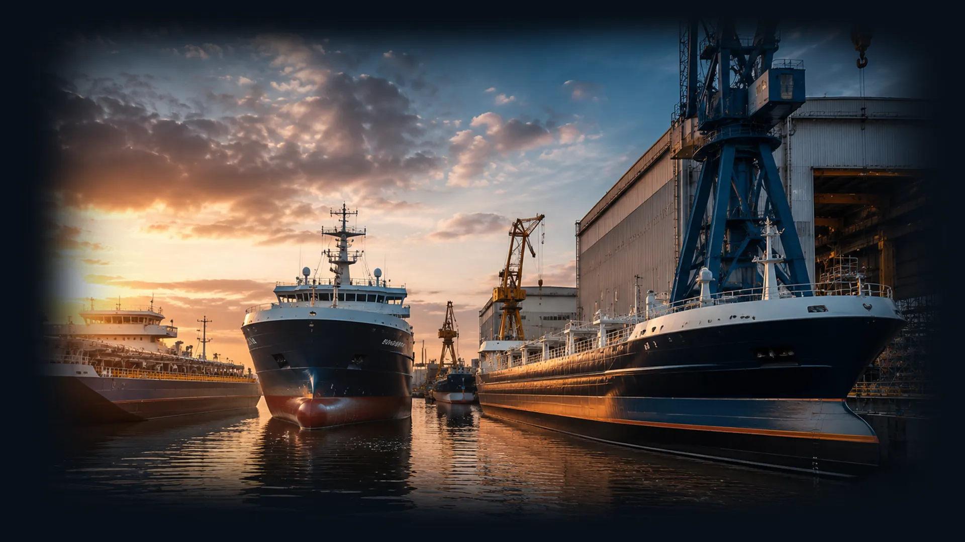 V-Shipping vessels and shipyard expertise Vessels in a shipyard harbor representing V-Shipping vessel expertise