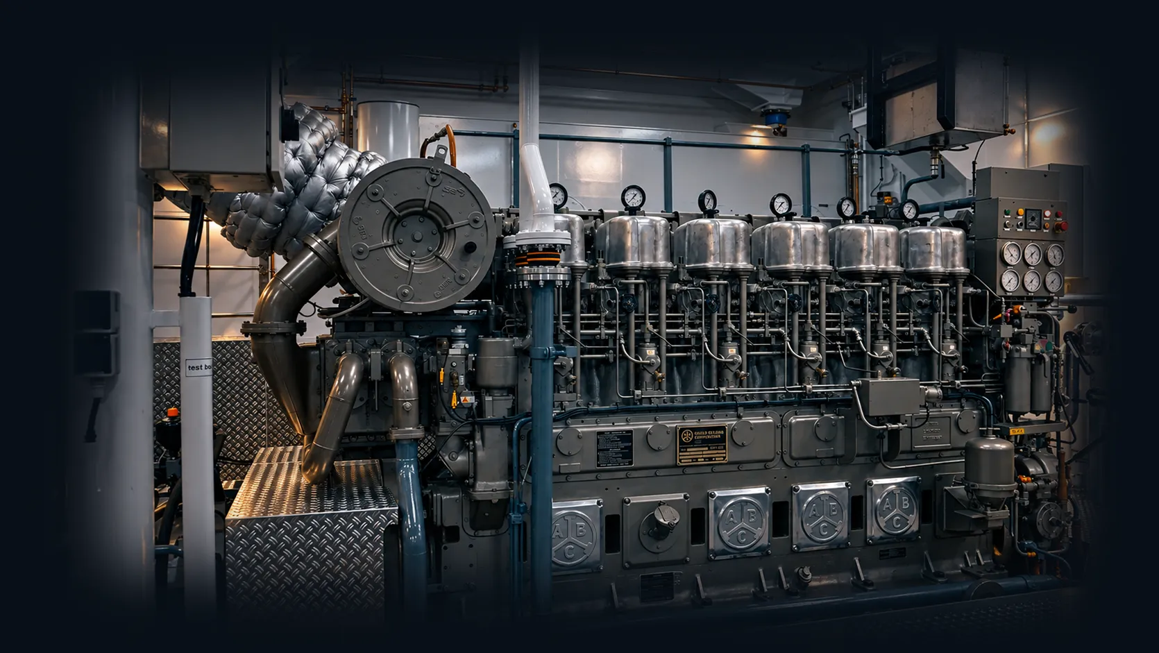 Milano Engine Room Diesel Machinery | V-Shipping Diesel propulsion machinery in the engine room of the Milano inland tanker